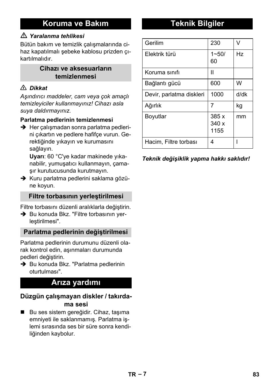 Koruma ve bakım, Arıza yardımı, Teknik bilgiler | Karcher FP 303 User Manual | Page 83 / 188