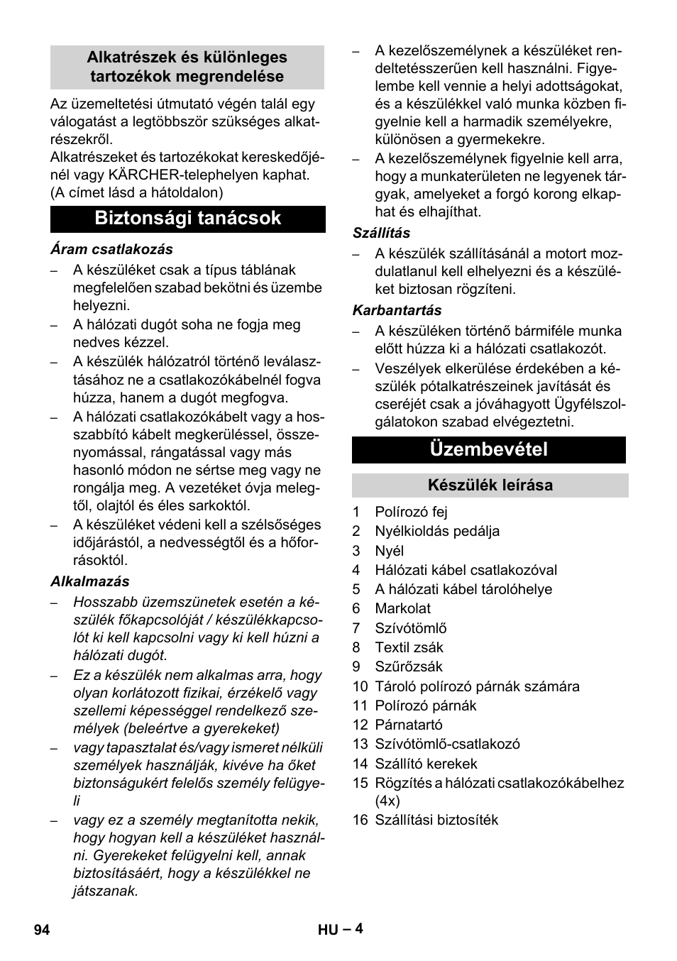Biztonsági tanácsok üzembevétel | Karcher FP 303 User Manual | Page 94 / 188