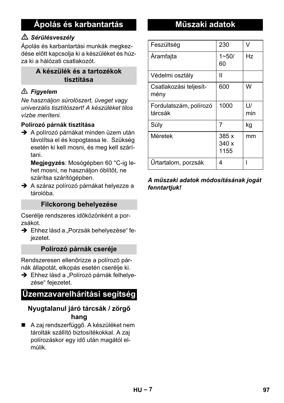 Ápolás és karbantartás, Üzemzavarelhárítási segítség, Műszaki adatok | Karcher FP 303 User Manual | Page 97 / 188