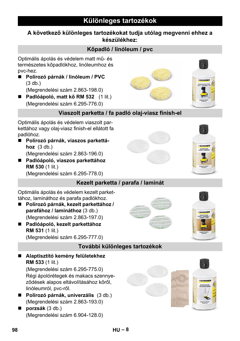 Különleges tartozékok | Karcher FP 303 User Manual | Page 98 / 188