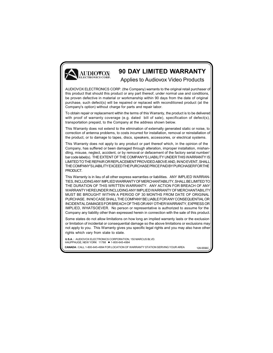90 day limited warranty, Applies to audiovox video products | Audiovox VBP620 User Manual | Page 38 / 39