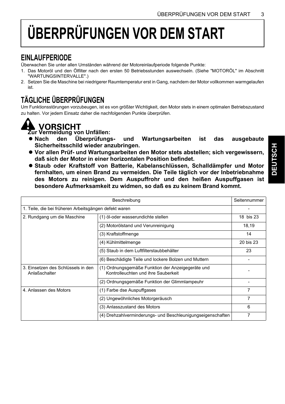 Überprüfungen vor dem start, Einlaufperiode, Tägliche überprüfungen | Einlaufperiode tägliche überprüfungen, De uts c h | Karcher HDS 13-80 De Tr1 User Manual | Page 111 / 244