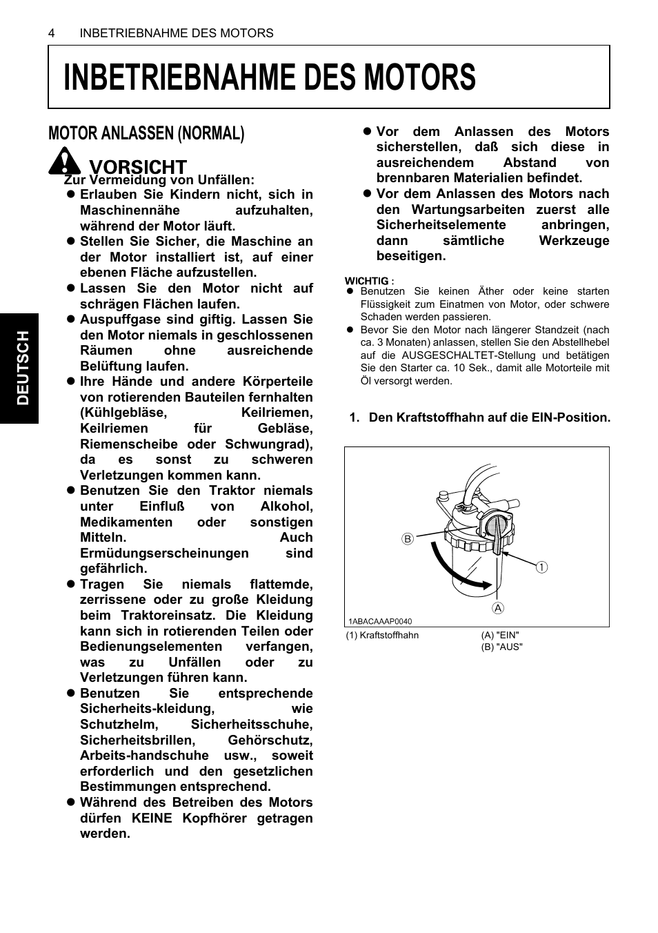 Inbetriebnahme des motors, Motor anlassen (normal) | Karcher HDS 13-80 De Tr1 User Manual | Page 112 / 244