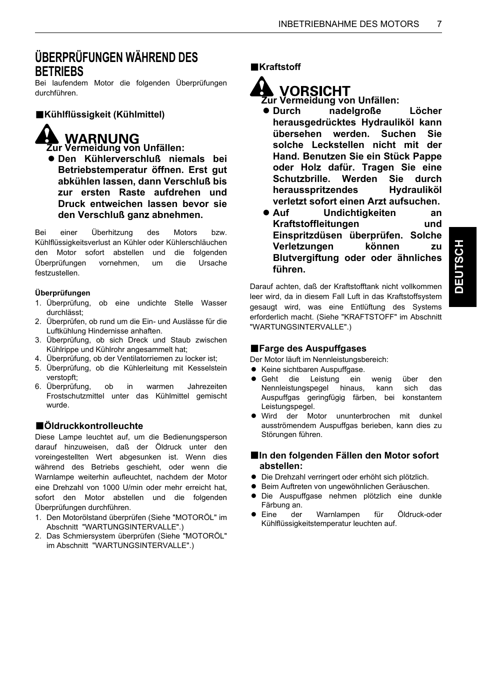 Überprüfungen während des betriebs, B kühlflüssigkeit (kühlmittel), B öldruckkontrolleuchte | B kraftstoff, B farge des auspuffgases, Corsa indietro del motore e rimedi, B pare inmediatamente el motor si, De uts c h | Karcher HDS 13-80 De Tr1 User Manual | Page 115 / 244