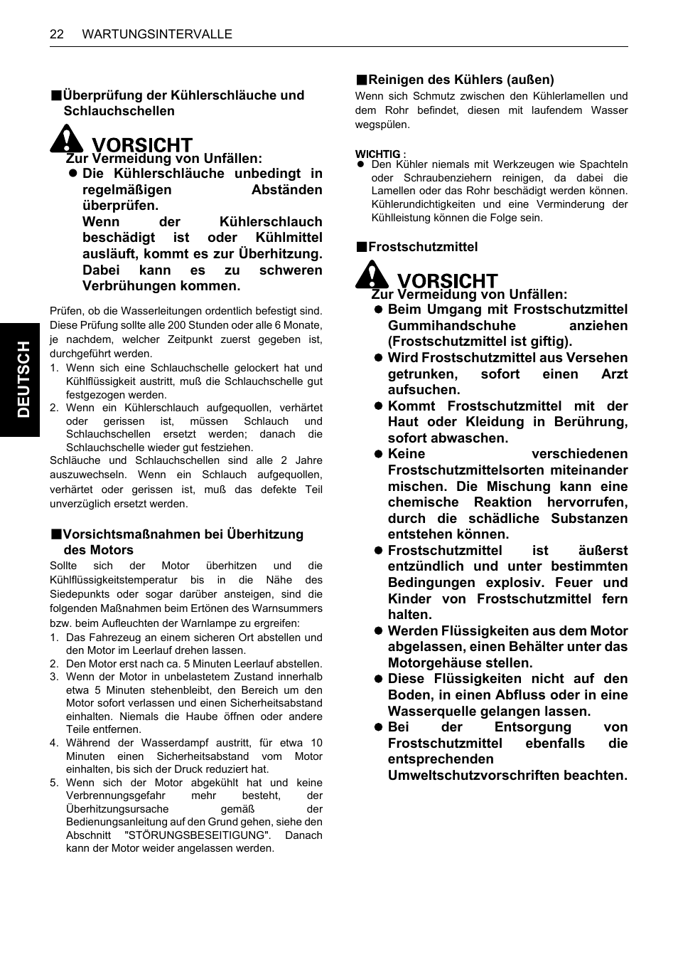 B vorsichtsmaßnahmen bei überhitzung des motors, B reinigen des kühlers (außen), B frostschutzmittel | De uts c h | Karcher HDS 13-80 De Tr1 User Manual | Page 130 / 244