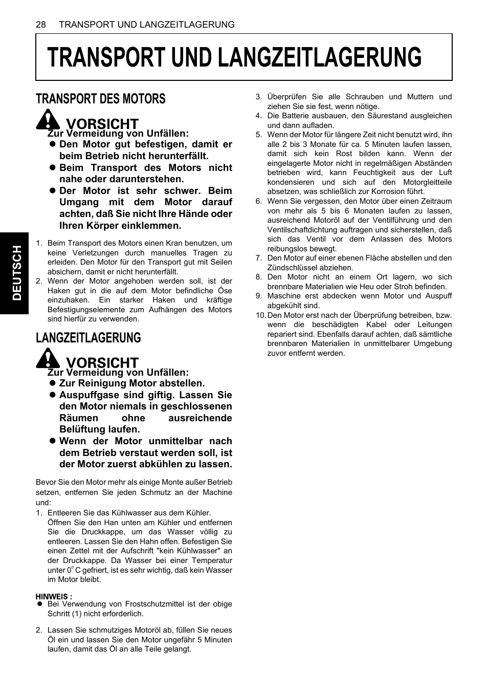 Transport und langzeitlagerung, Transport des motors, Langzeitlagerung | Magazzinaggio, Transport des motors langzeitlagerung, De uts c h | Karcher HDS 13-80 De Tr1 User Manual | Page 136 / 244