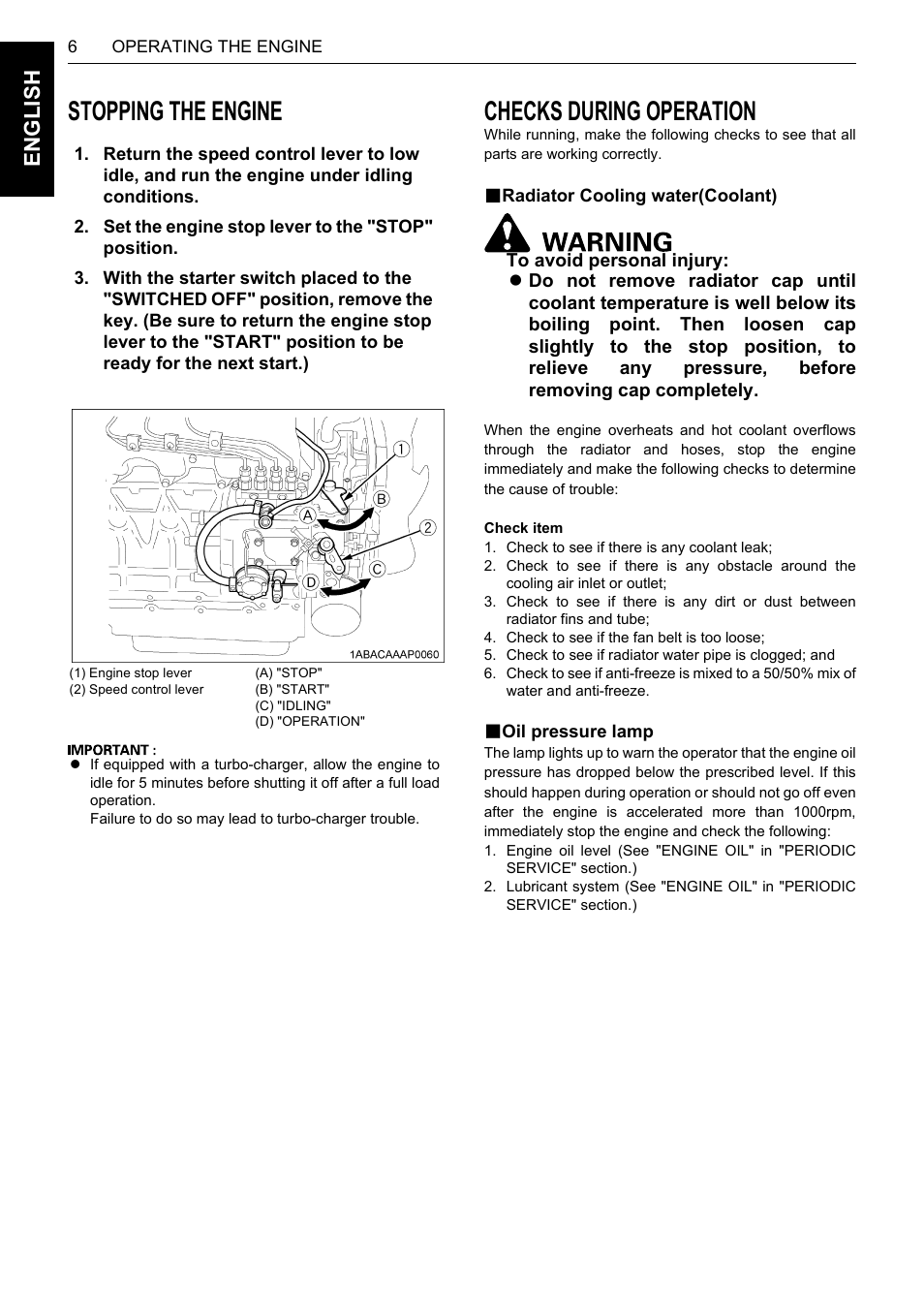 Stopping the engine, Checks during operation, B radiator cooling water(coolant) | B oil pressure lamp, Stopping the engine checks during operation, Radiator cooling water(coolant) oil pressure lamp, En glish | Karcher HDS 13-80 De Tr1 User Manual | Page 22 / 244