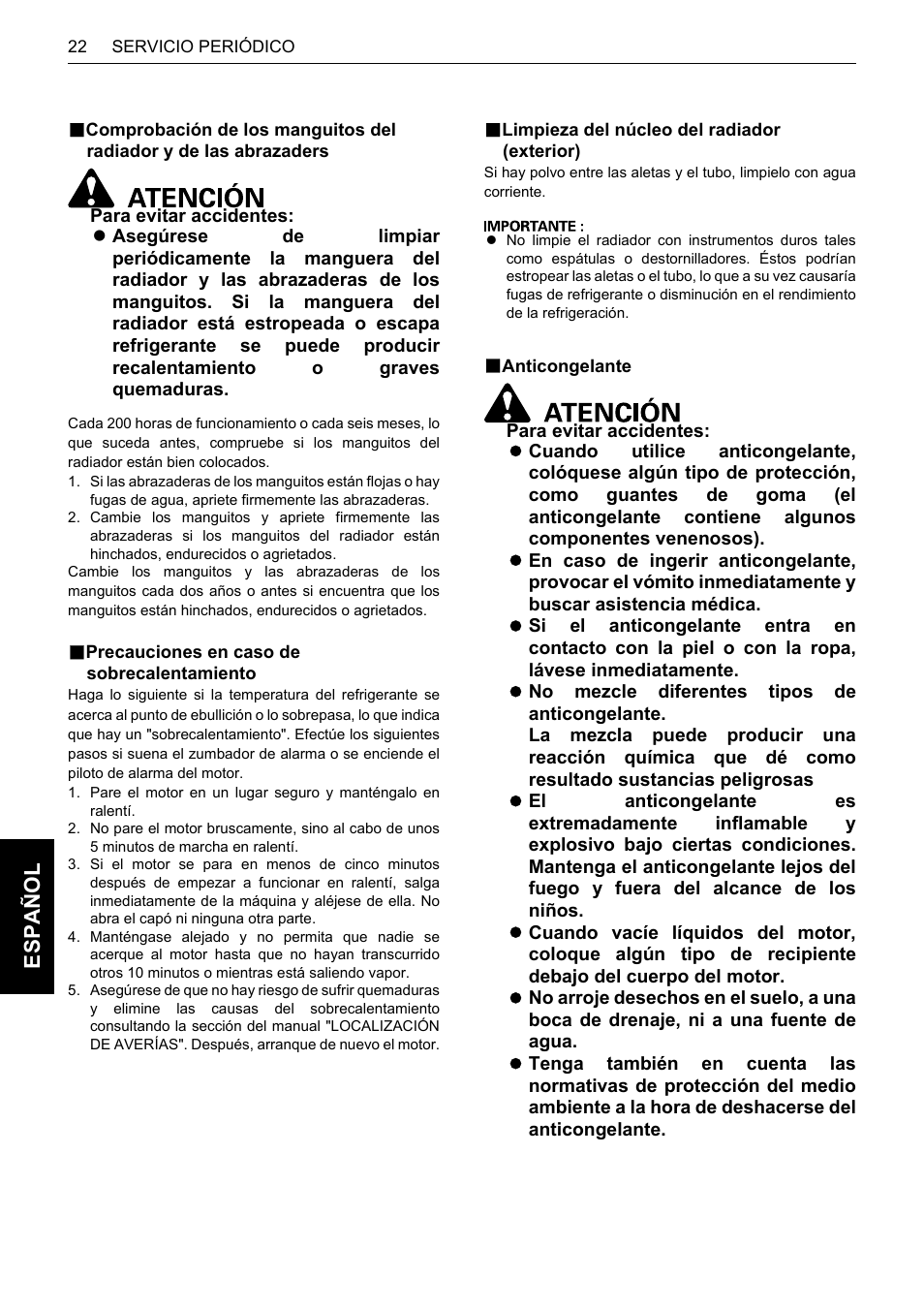 B precauciones en caso de sobrecalentamiento, B limpieza del núcleo del radiador (exterior), B anticongelante | Es pa ño l | Karcher HDS 13-80 De Tr1 User Manual | Page 226 / 244