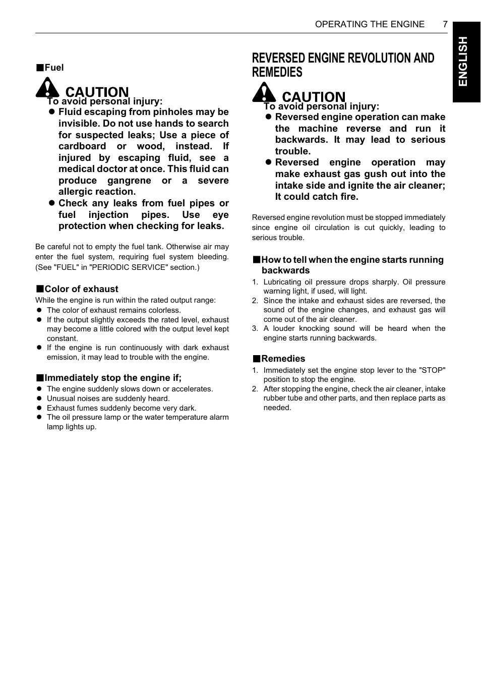 B fuel, B color of exhaust, B immediately stop the engine if | Reversed engine revolution and remedies, B remedies, En glish | Karcher HDS 13-80 De Tr1 User Manual | Page 23 / 244