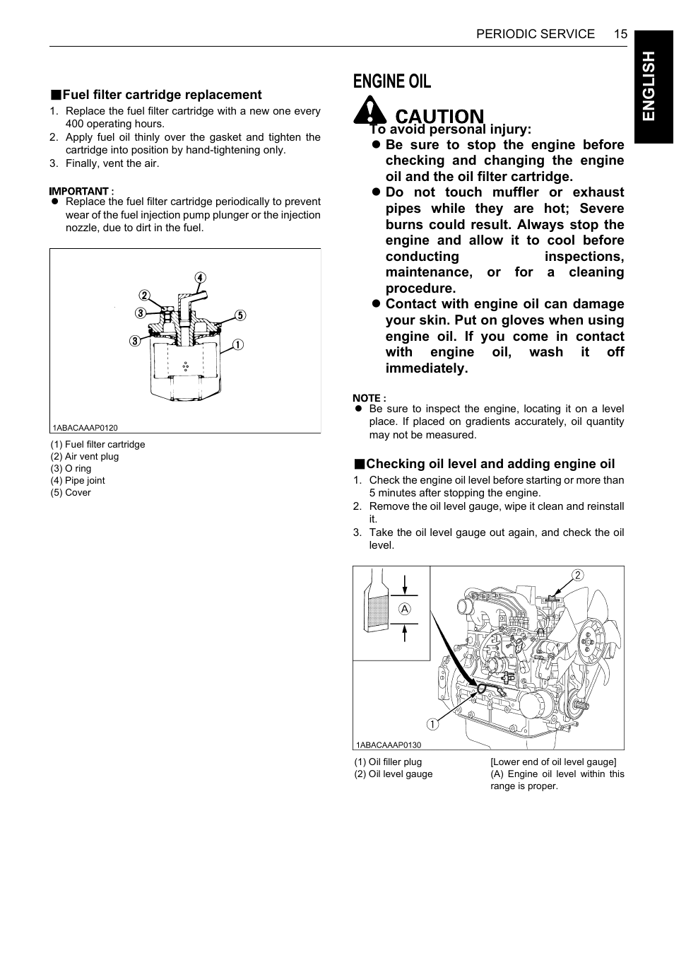 B fuel filter cartridge replacement, Engine oil, B checking oil level and adding engine oil | Fuel filter cartridge replacement, Checking oil level and adding engine oil, En glish | Karcher HDS 13-80 De Tr1 User Manual | Page 31 / 244