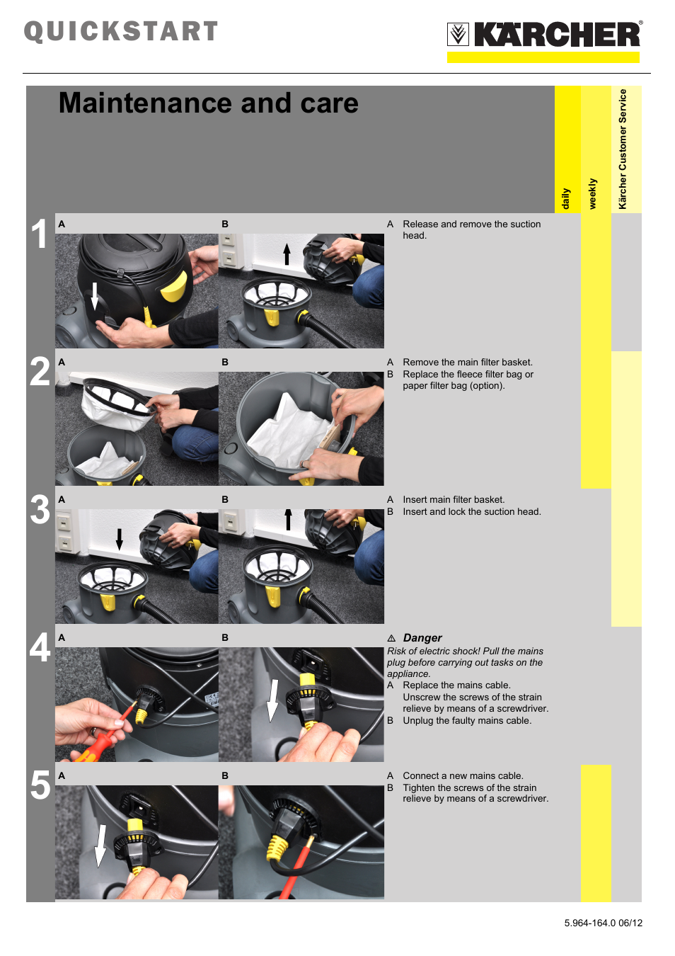 Quickstart, Maintenance and care | Karcher T 10-1 Adv User Manual | Page 2 / 2