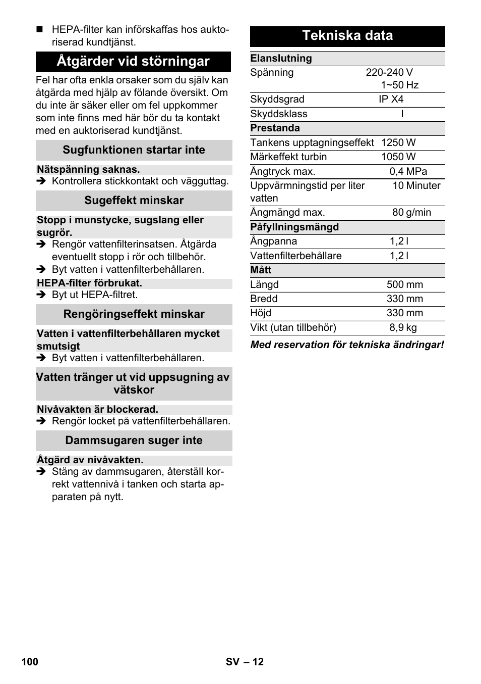 Åtgärder vid störningar, Tekniska data | Karcher SV 1802 User Manual | Page 100 / 284