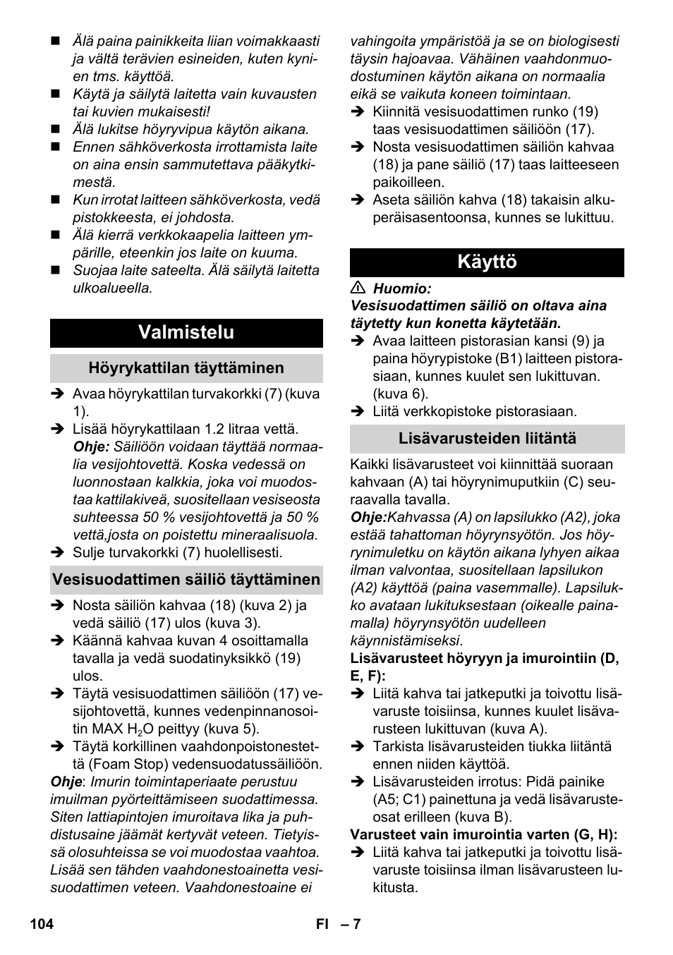 Valmistelu, Käyttö | Karcher SV 1802 User Manual | Page 104 / 284