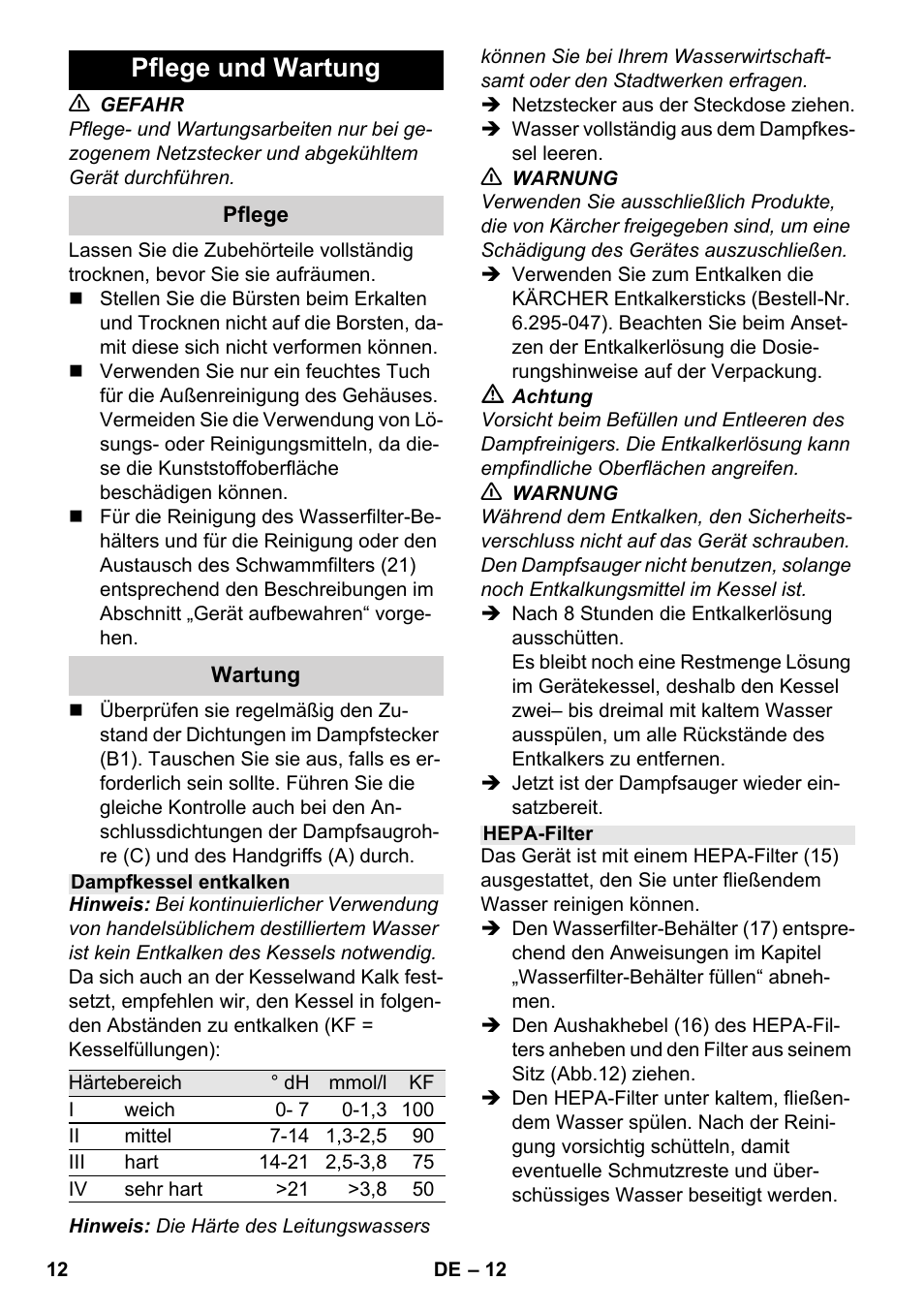 Pflege und wartung | Karcher SV 1802 User Manual | Page 12 / 284