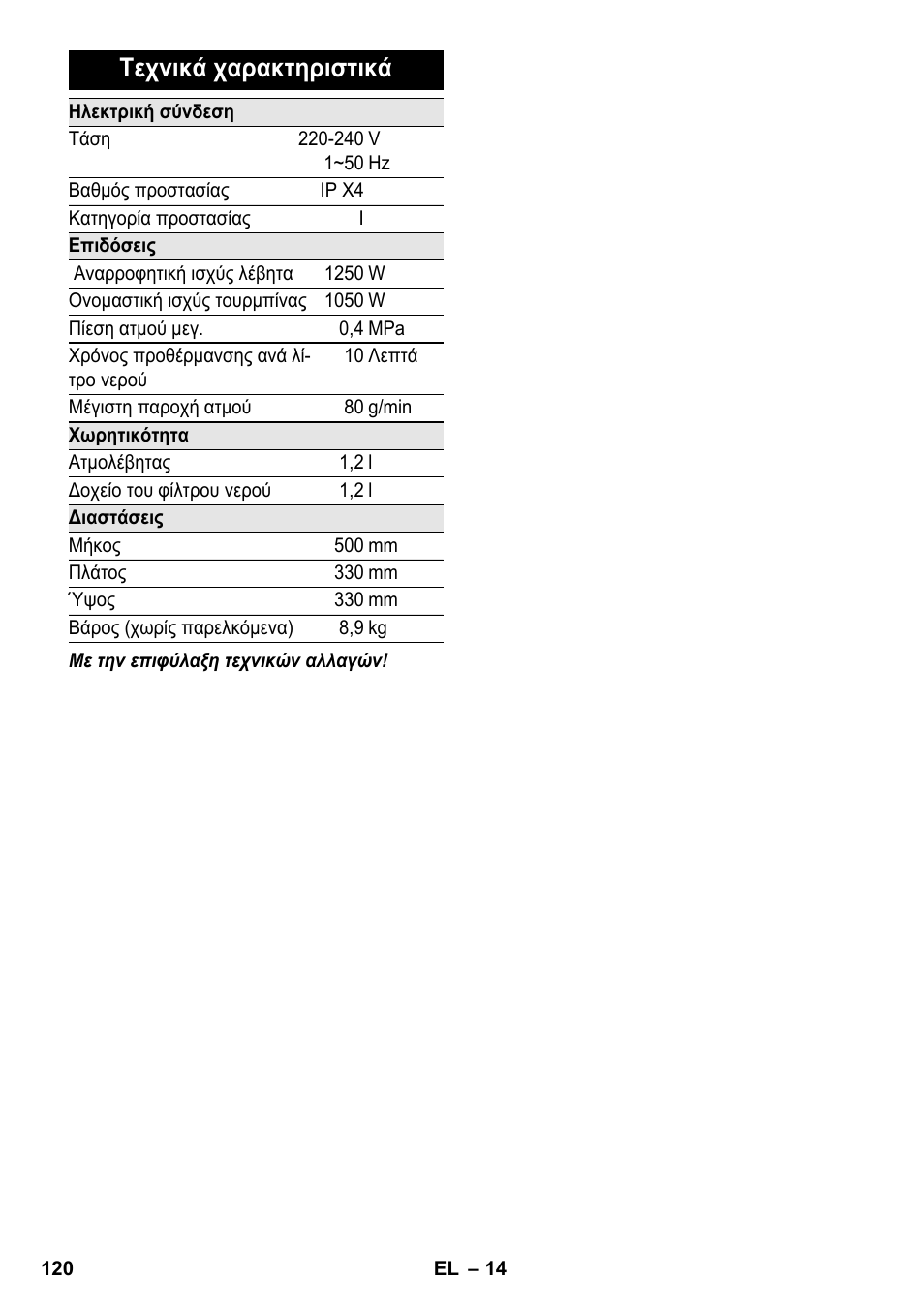 Τεχνικά χαρακτηριστικά | Karcher SV 1802 User Manual | Page 120 / 284