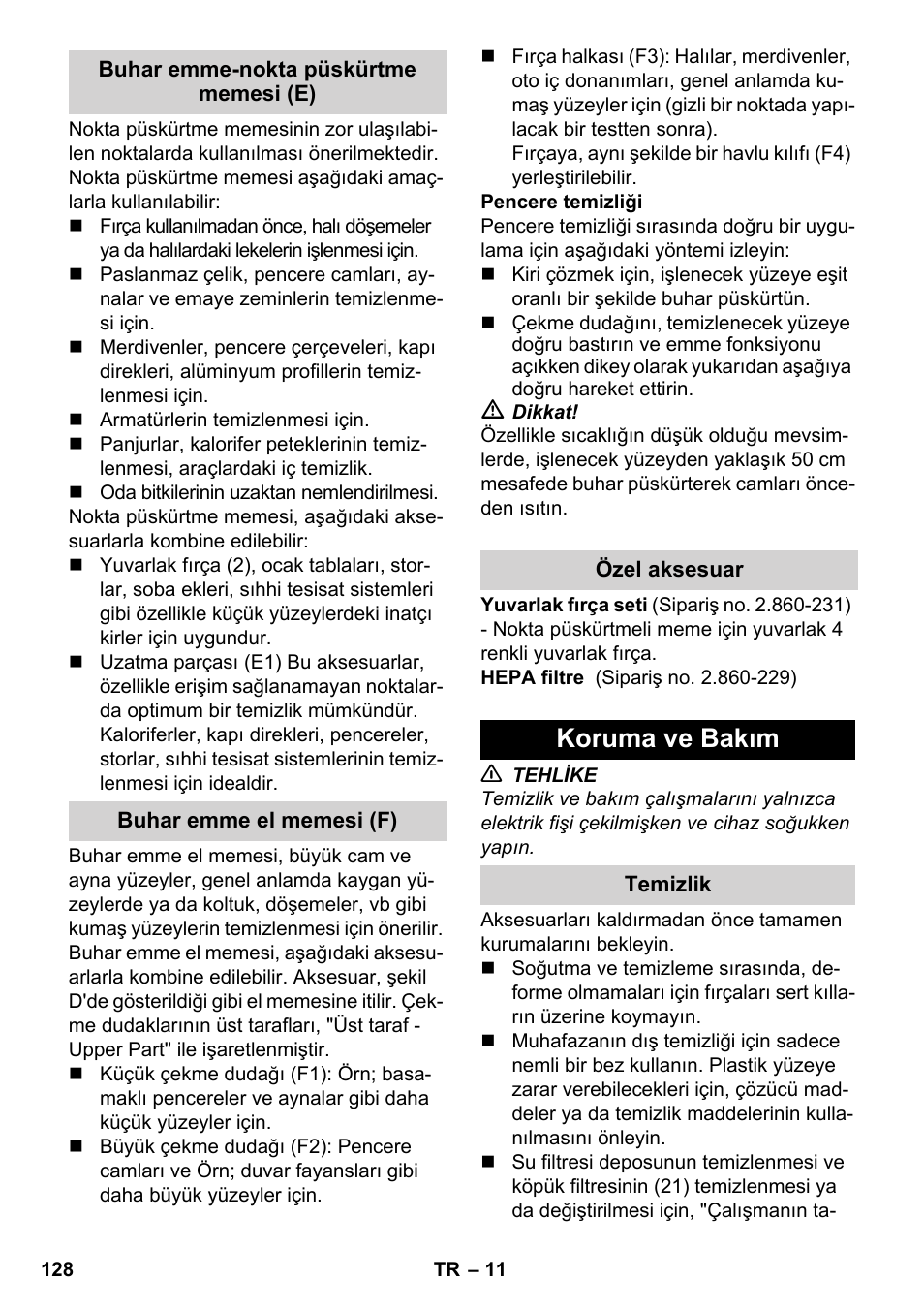 Koruma ve bakım | Karcher SV 1802 User Manual | Page 128 / 284