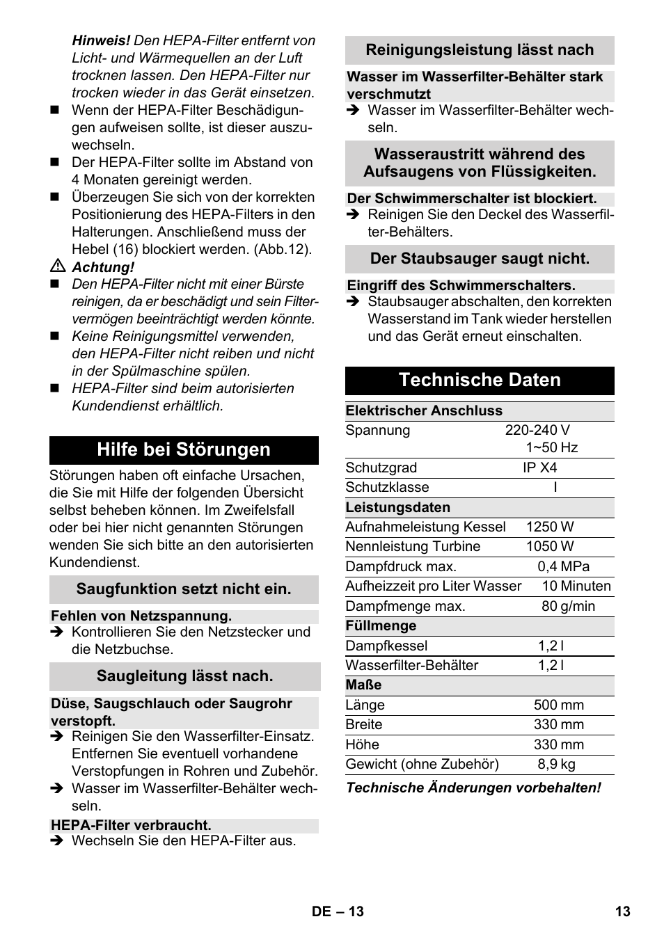 Hilfe bei störungen, Technische daten | Karcher SV 1802 User Manual | Page 13 / 284