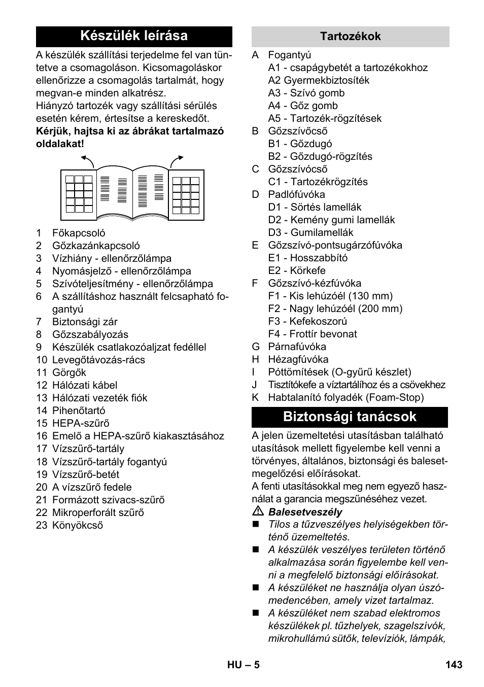 Készülék leírása, Biztonsági tanácsok | Karcher SV 1802 User Manual | Page 143 / 284