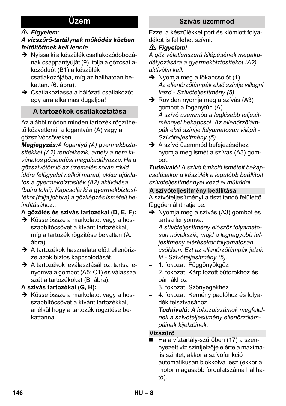 Üzem | Karcher SV 1802 User Manual | Page 146 / 284