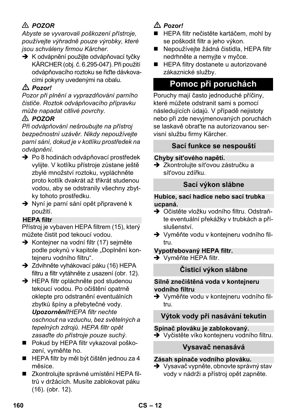 Pomoc při poruchách | Karcher SV 1802 User Manual | Page 160 / 284