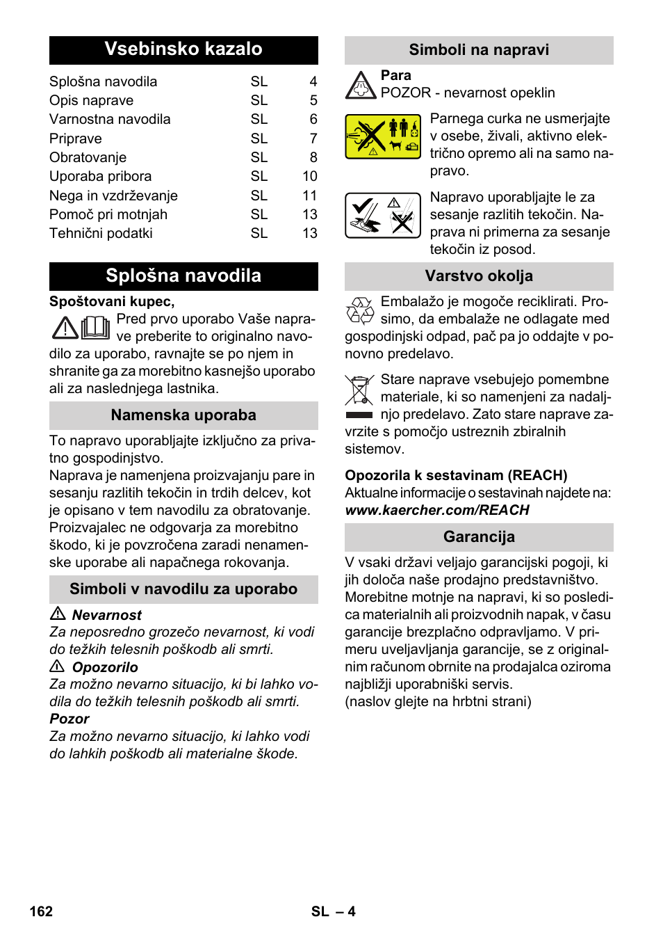 Slovenščina, Slovenšina, Vsebinsko kazalo | Splošna navodila | Karcher SV 1802 User Manual | Page 162 / 284