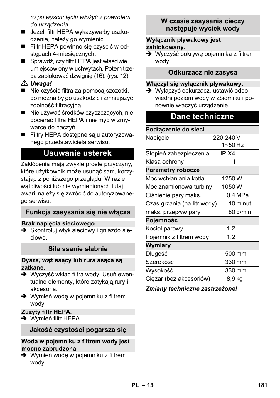 Usuwanie usterek, Dane techniczne | Karcher SV 1802 User Manual | Page 181 / 284