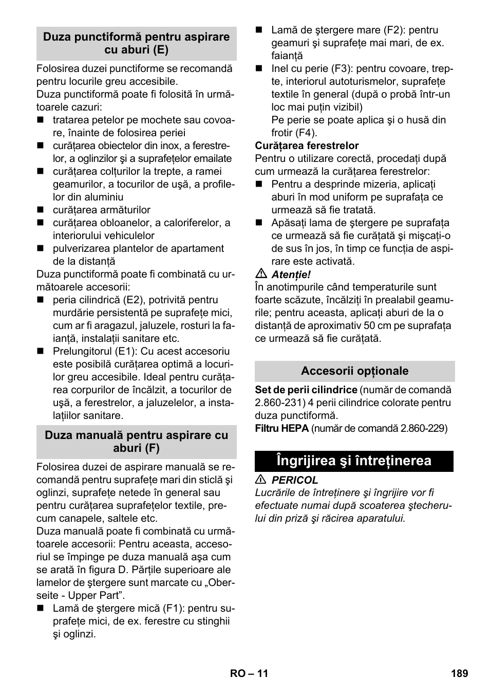 Îngrijirea şi întreţinerea | Karcher SV 1802 User Manual | Page 189 / 284