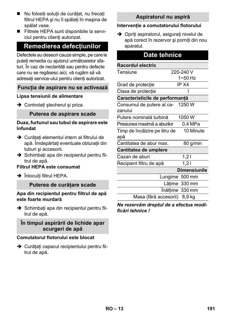 Remedierea defecţiunilor, Date tehnice | Karcher SV 1802 User Manual | Page 191 / 284