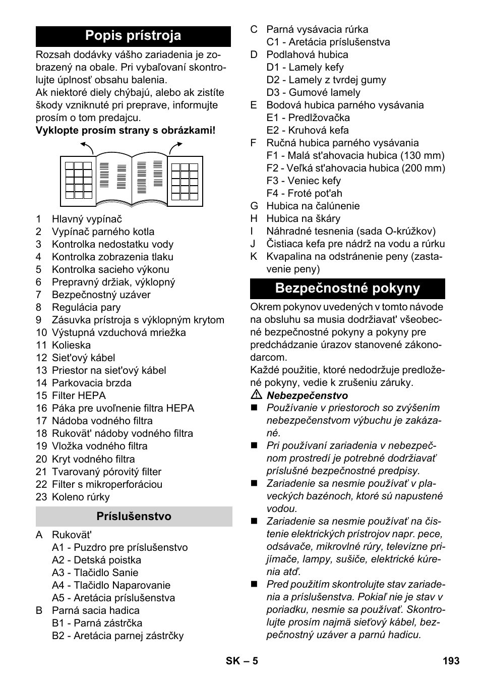 Popis prístroja, Bezpečnostné pokyny | Karcher SV 1802 User Manual | Page 193 / 284