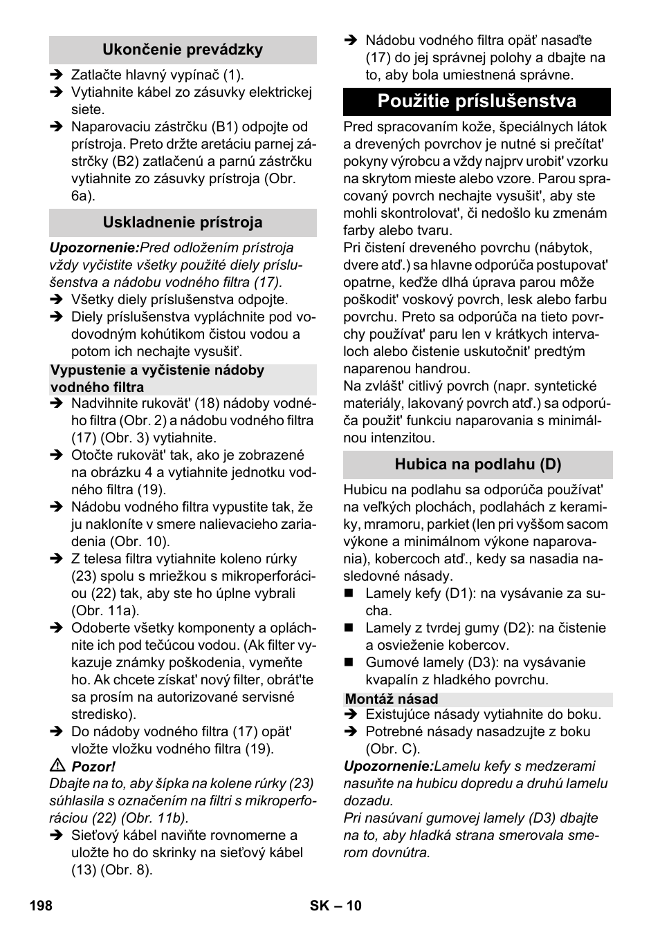 Použitie príslušenstva | Karcher SV 1802 User Manual | Page 198 / 284