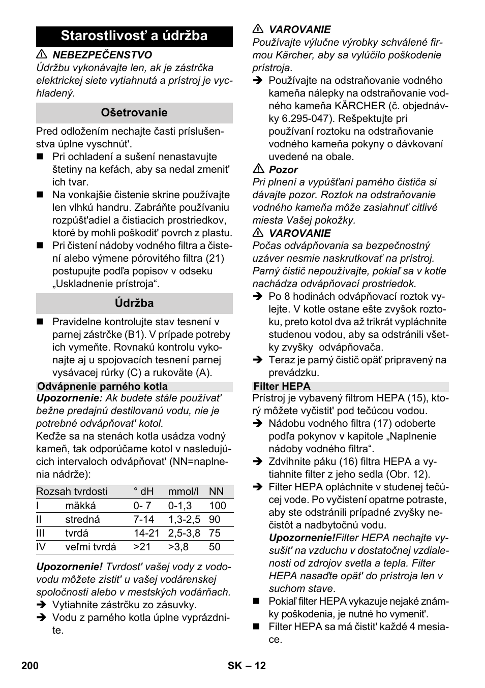 Starostlivosť a údržba | Karcher SV 1802 User Manual | Page 200 / 284