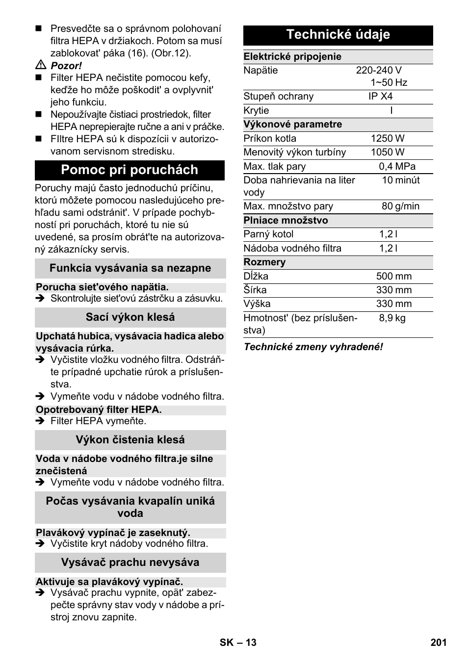 Pomoc pri poruchách, Technické údaje | Karcher SV 1802 User Manual | Page 201 / 284