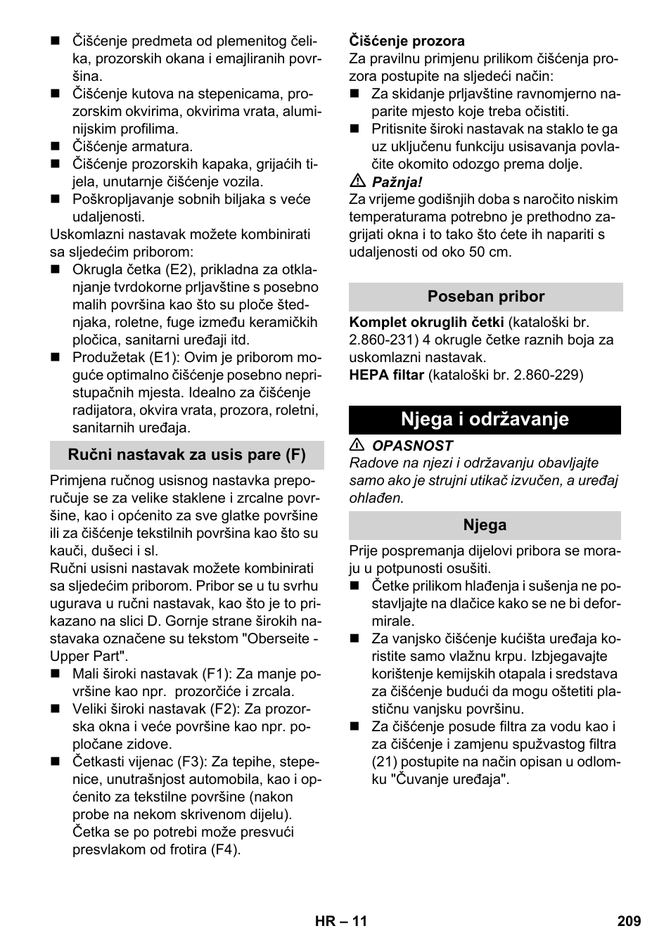 Njega i održavanje | Karcher SV 1802 User Manual | Page 209 / 284