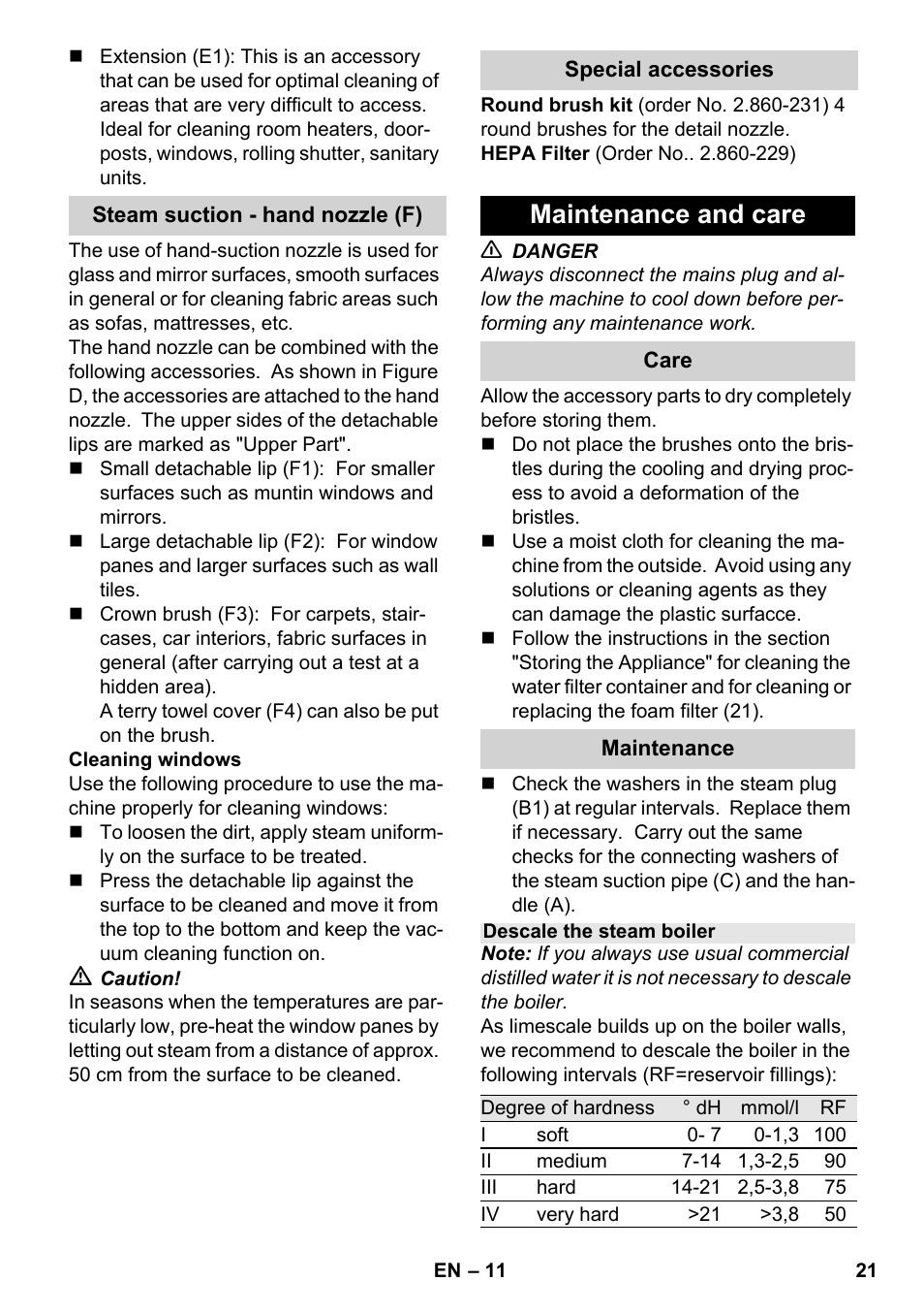 Maintenance and care | Karcher SV 1802 User Manual | Page 21 / 284