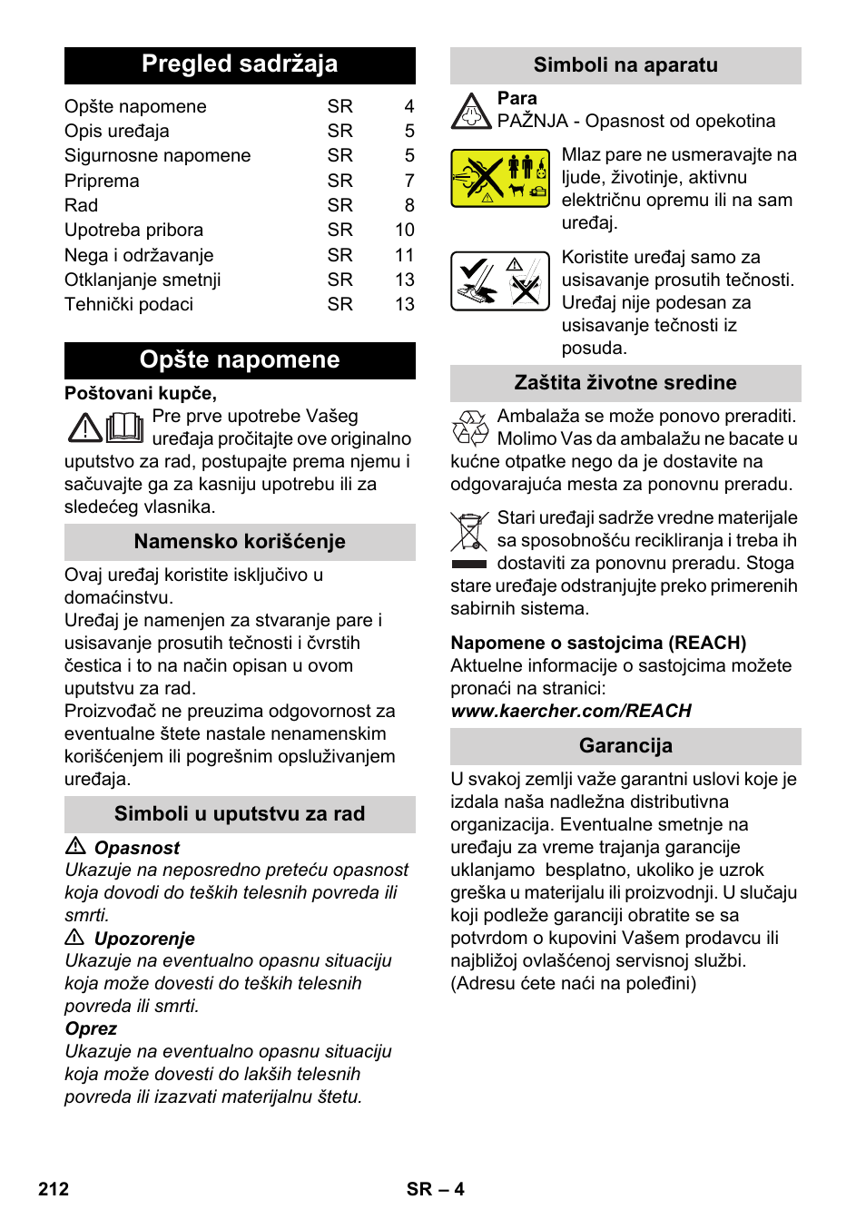 Srpski, Pregled sadržaja, Opšte napomene | Karcher SV 1802 User Manual | Page 212 / 284