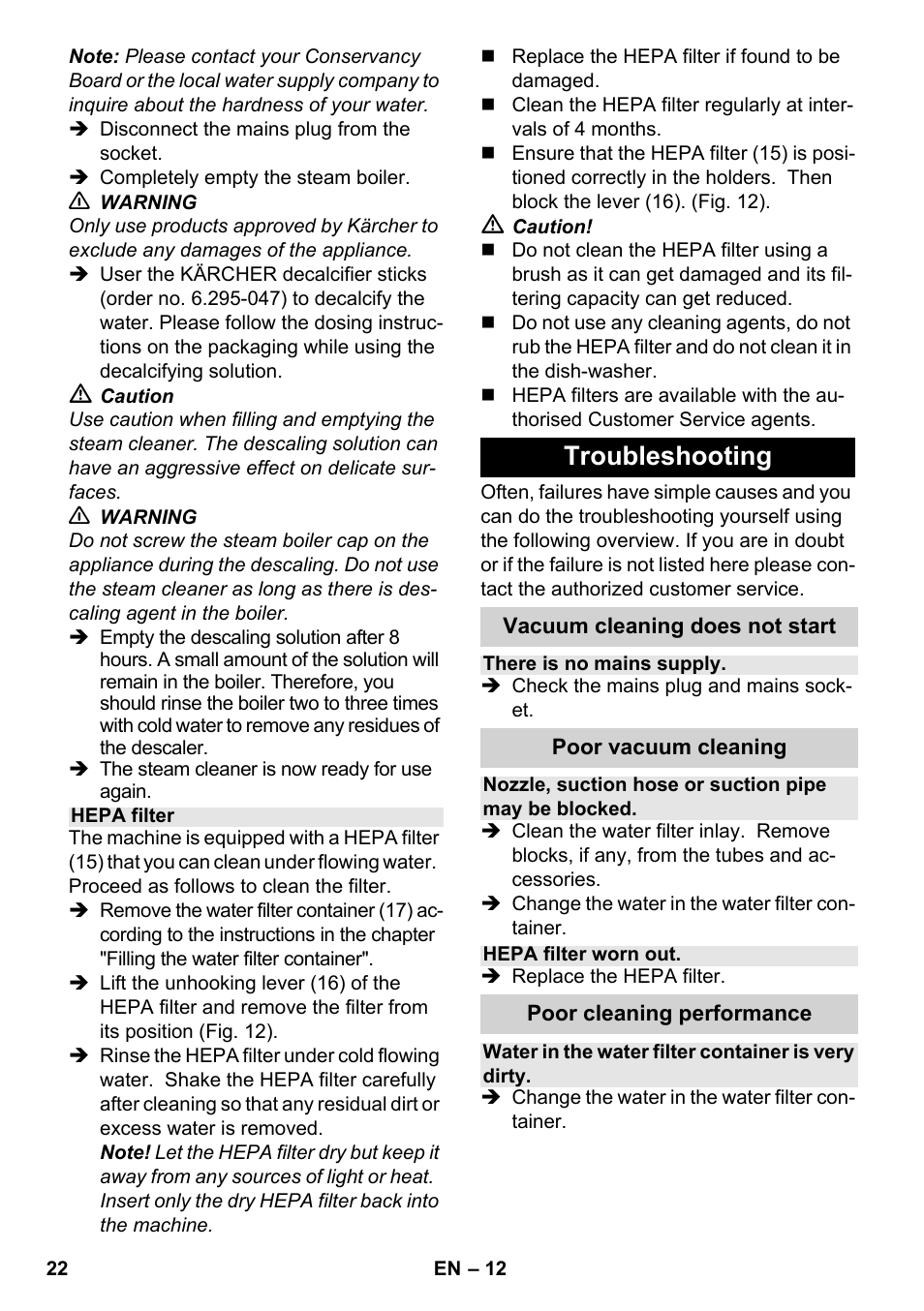 Troubleshooting | Karcher SV 1802 User Manual | Page 22 / 284