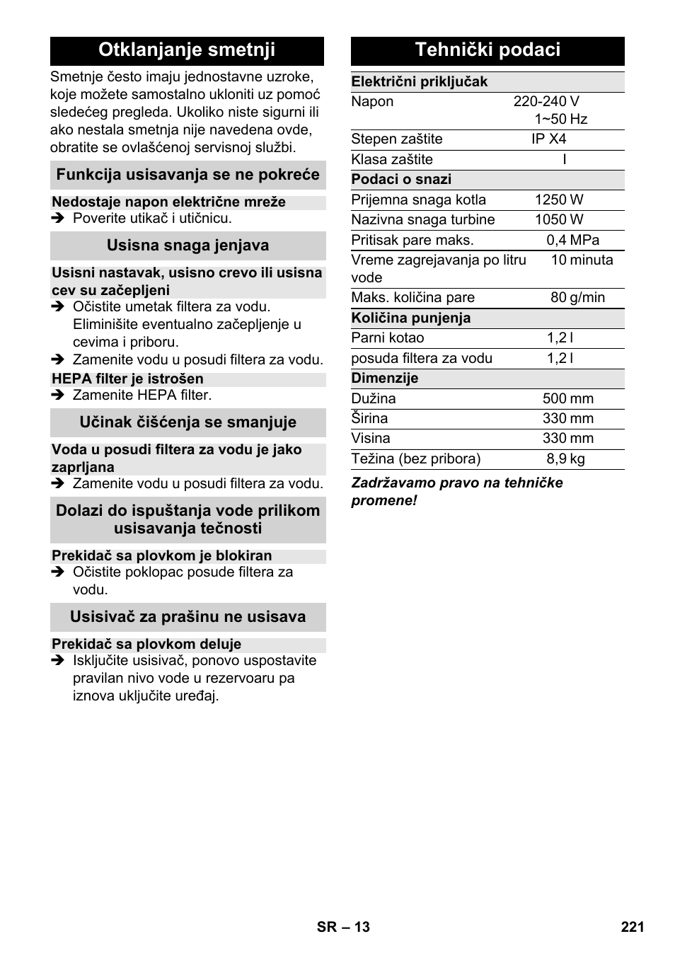 Otklanjanje smetnji, Tehnički podaci | Karcher SV 1802 User Manual | Page 221 / 284