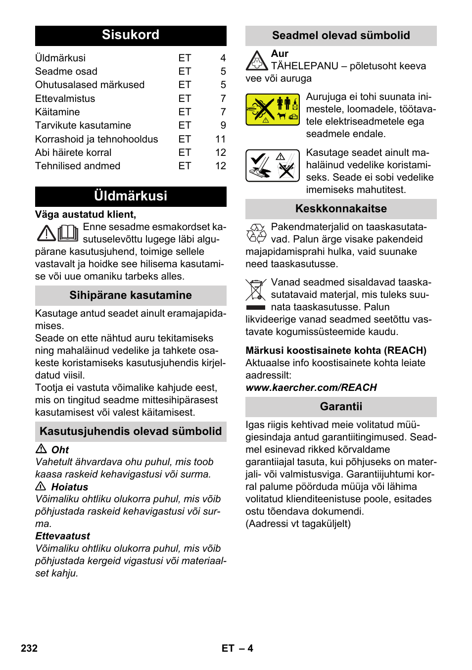 Eesti, Sisukord, Üldmärkusi | Karcher SV 1802 User Manual | Page 232 / 284