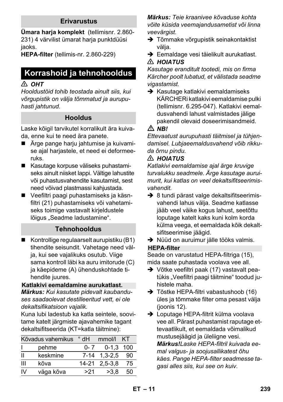 Korrashoid ja tehnohooldus | Karcher SV 1802 User Manual | Page 239 / 284