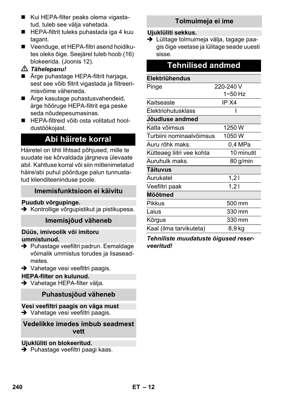 Abi häirete korral, Tehnilised andmed | Karcher SV 1802 User Manual | Page 240 / 284