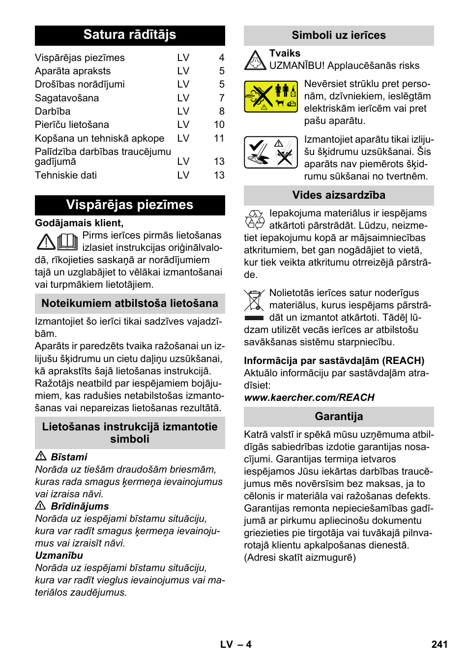 Latviešu, Satura rādītājs, Vispārējas piezīmes | Karcher SV 1802 User Manual | Page 241 / 284