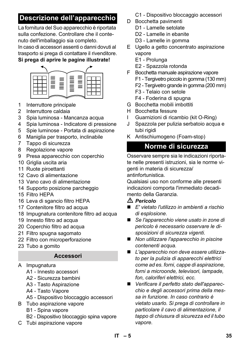 Descrizione dell’apparecchio, Norme di sicurezza | Karcher SV 1802 User Manual | Page 35 / 284