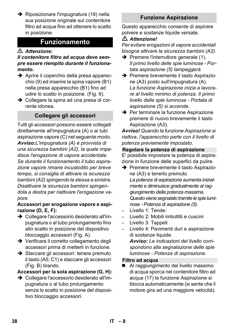 Funzionamento | Karcher SV 1802 User Manual | Page 38 / 284