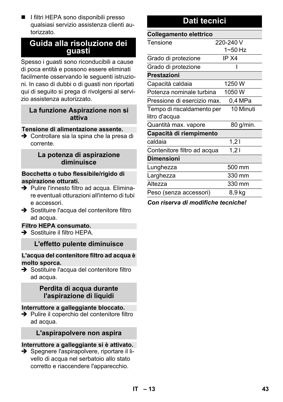 Guida alla risoluzione dei guasti, Dati tecnici | Karcher SV 1802 User Manual | Page 43 / 284