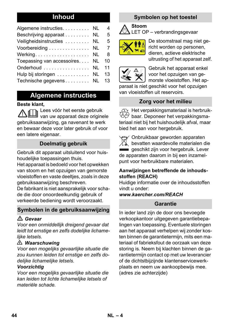 Nederlands, Inhoud, Algemene instructies | Karcher SV 1802 User Manual | Page 44 / 284