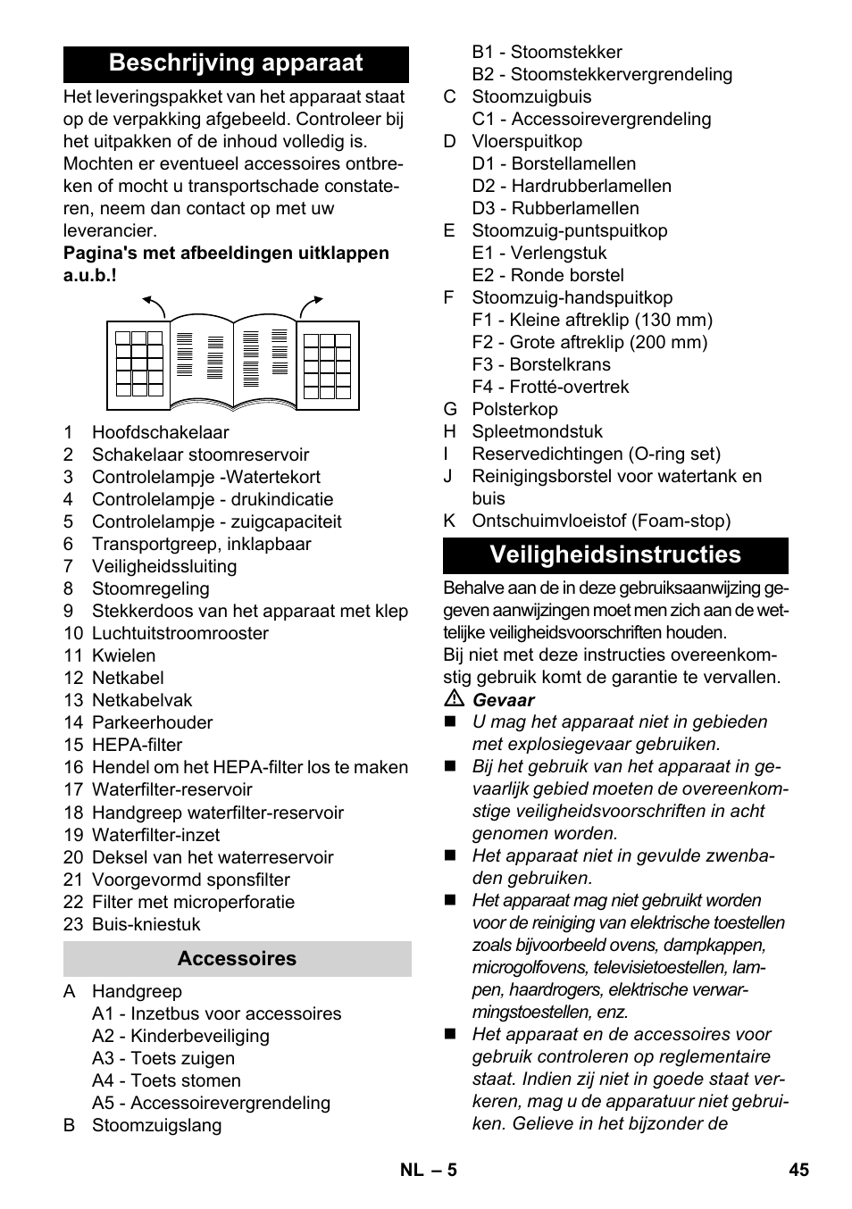 Beschrijving apparaat, Veiligheidsinstructies | Karcher SV 1802 User Manual | Page 45 / 284