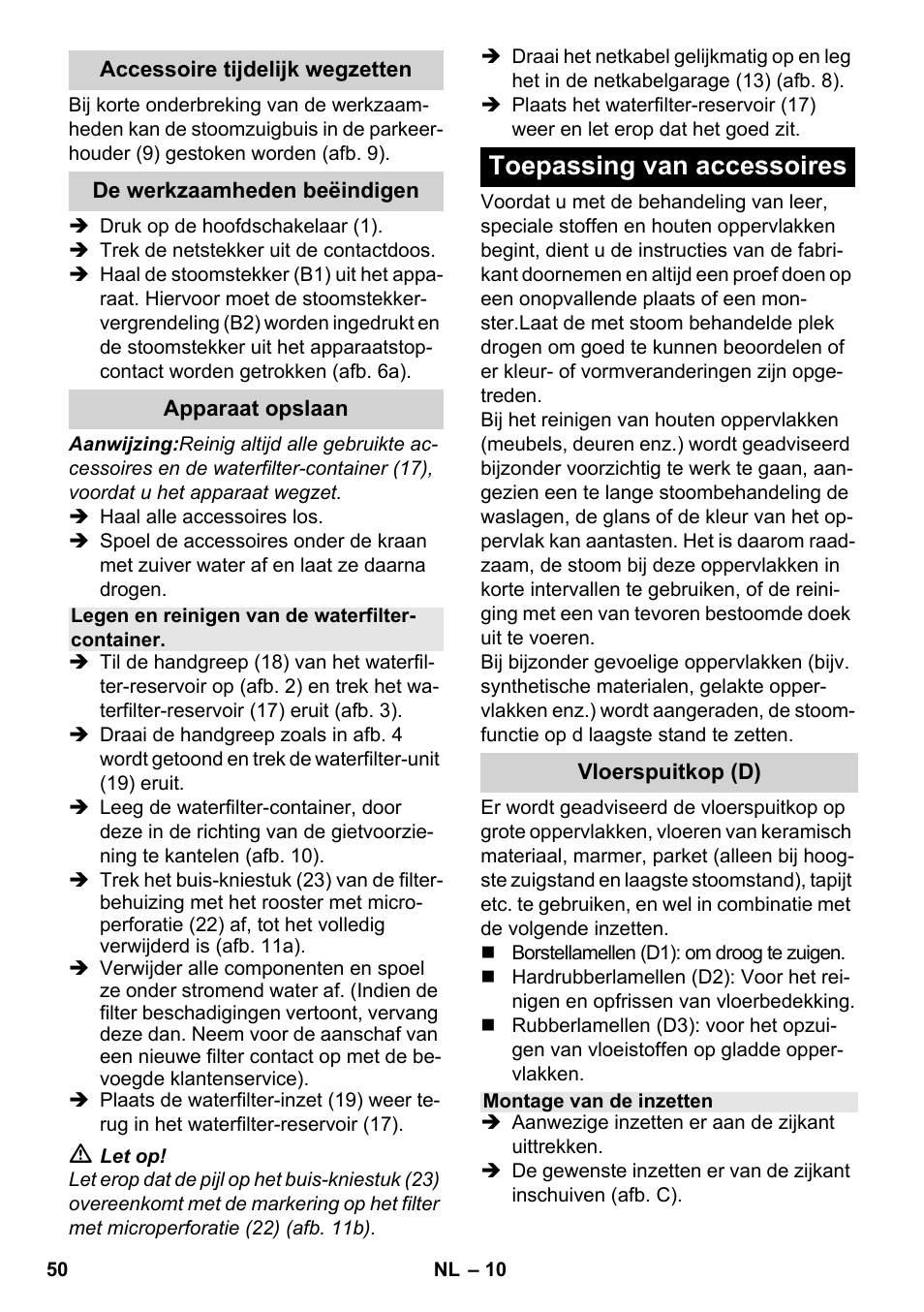 Toepassing van accessoires | Karcher SV 1802 User Manual | Page 50 / 284