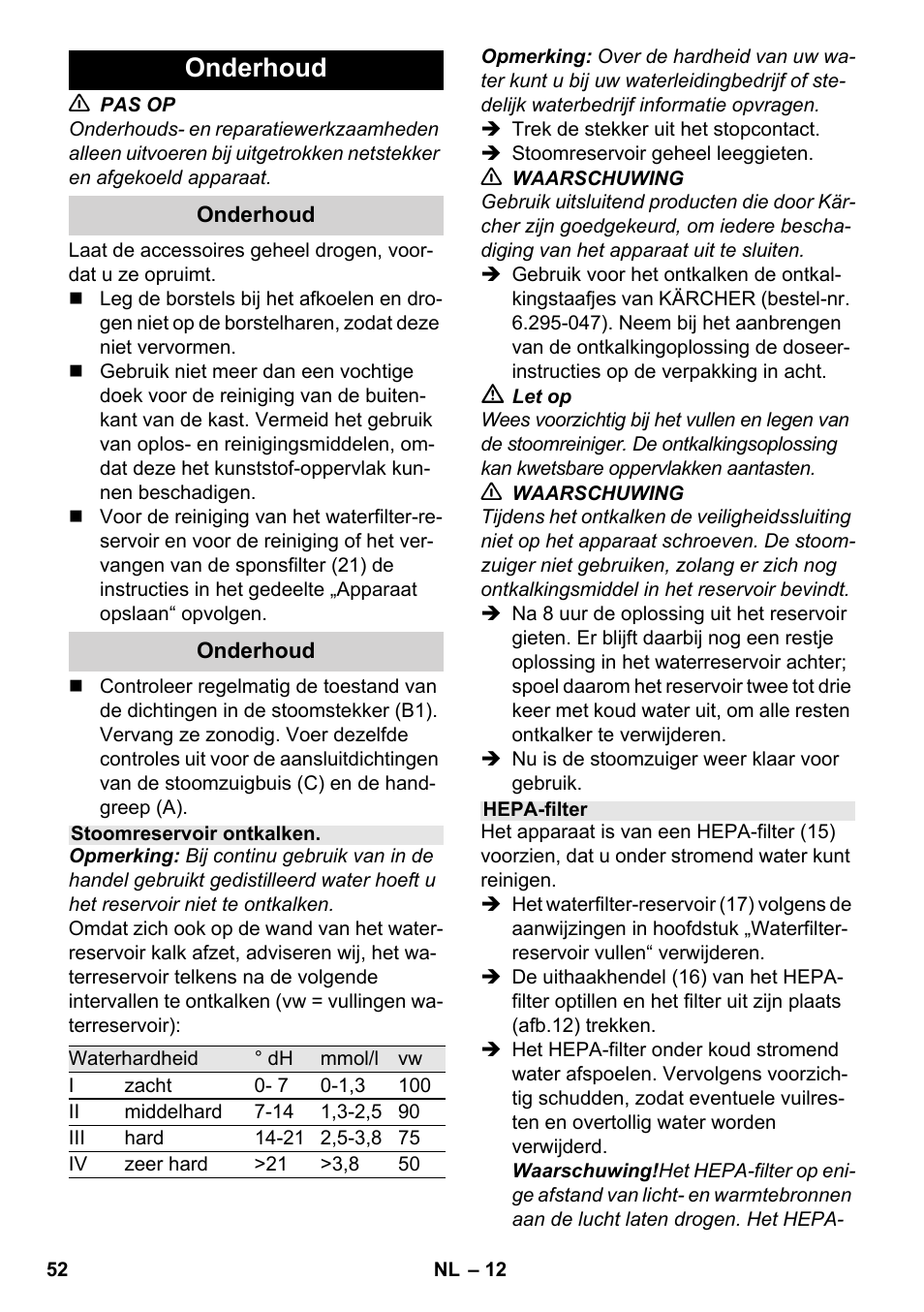 Onderhoud | Karcher SV 1802 User Manual | Page 52 / 284