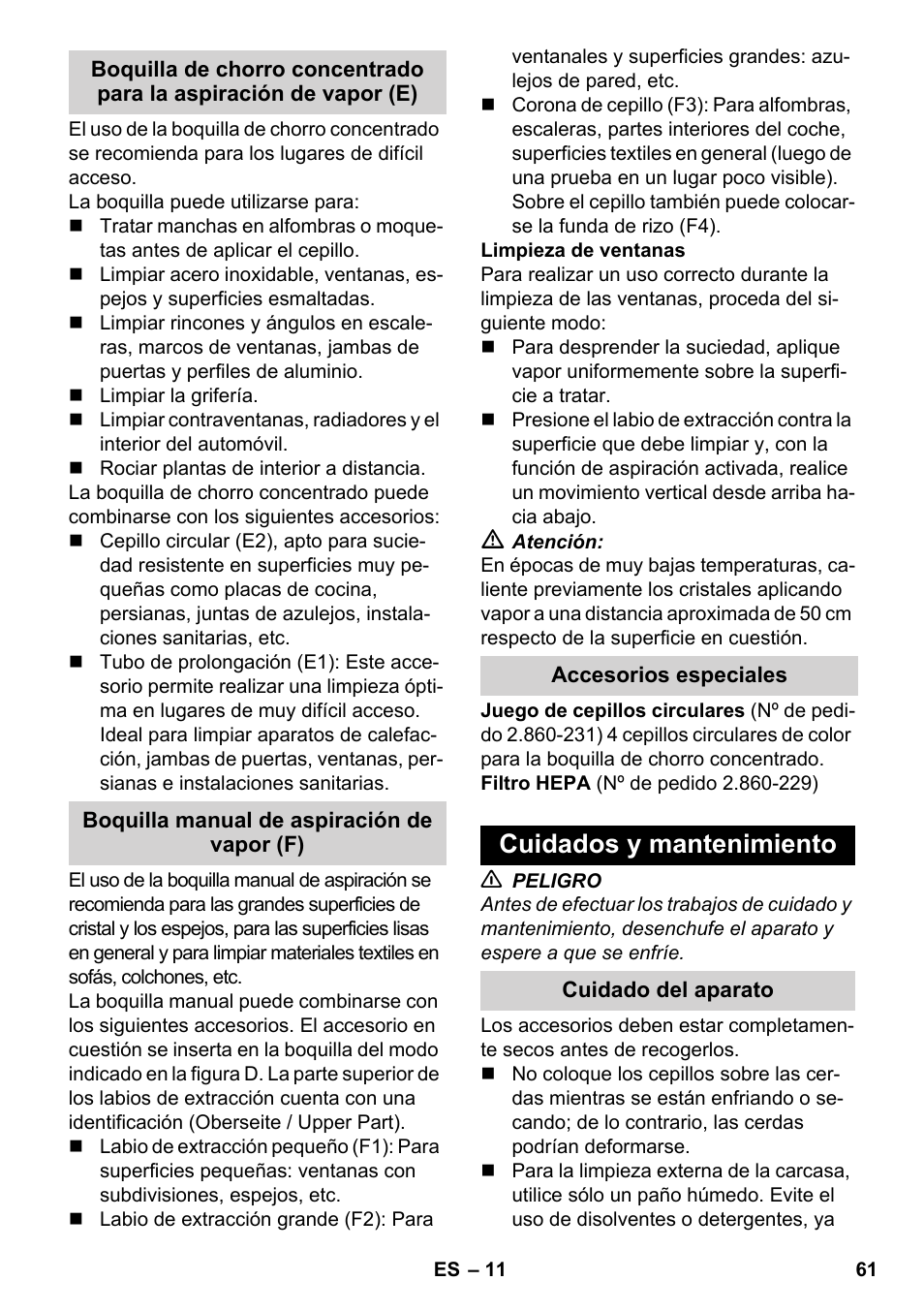 Cuidados y mantenimiento | Karcher SV 1802 User Manual | Page 61 / 284