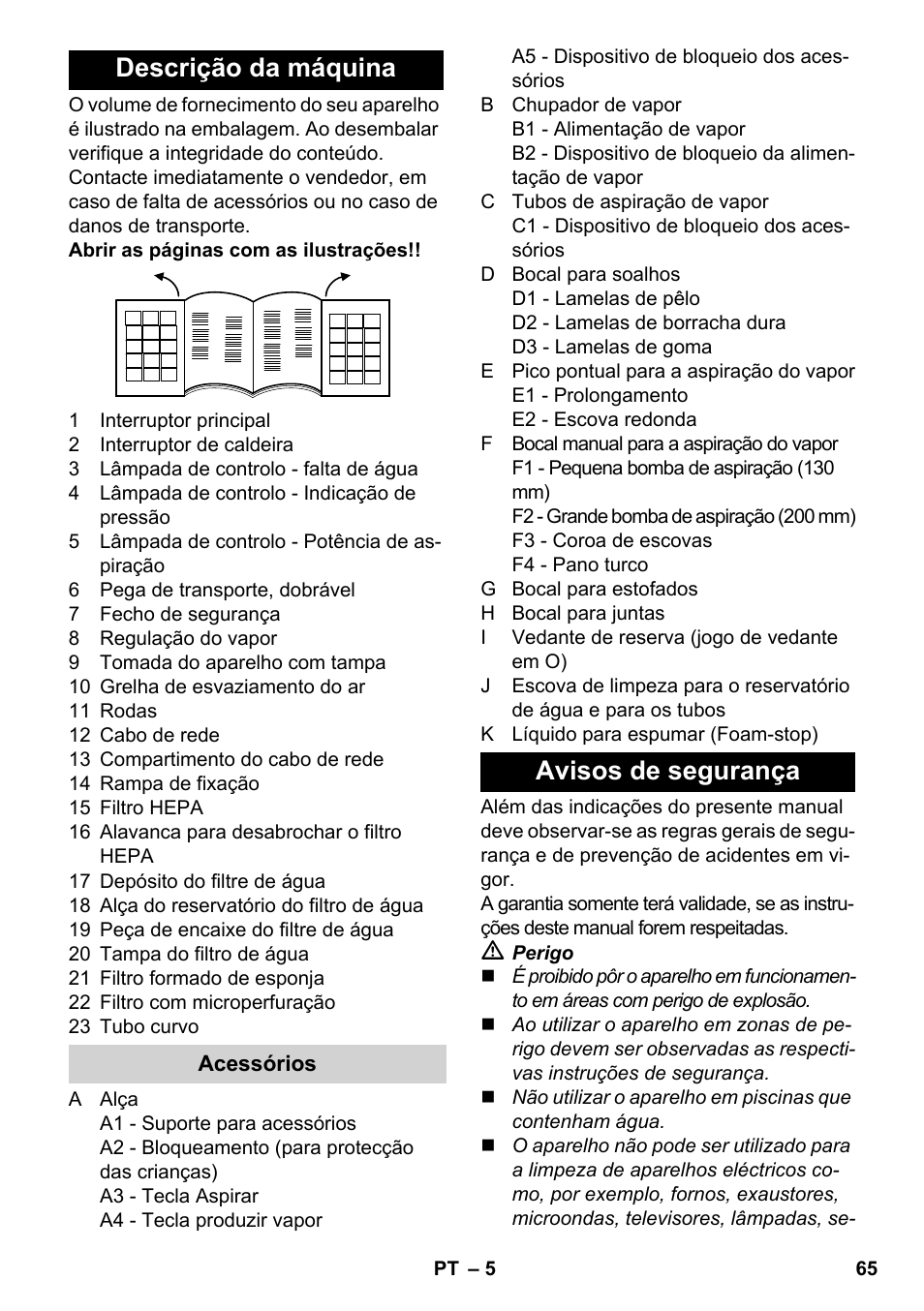 Descrição da máquina, Avisos de segurança | Karcher SV 1802 User Manual | Page 65 / 284